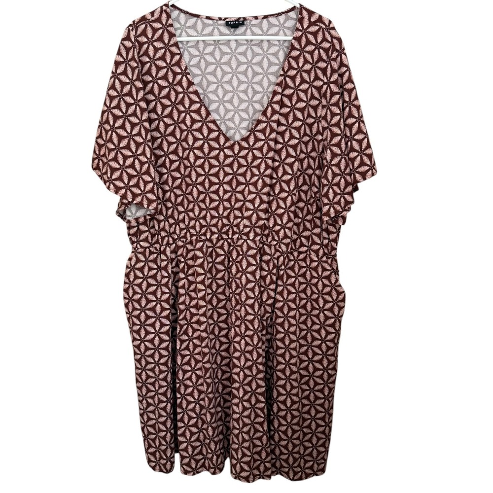 Torrid Floral V-Neck Mini Dress Sz 4X Elastic Waist Flutter Slv Pockets Pullover